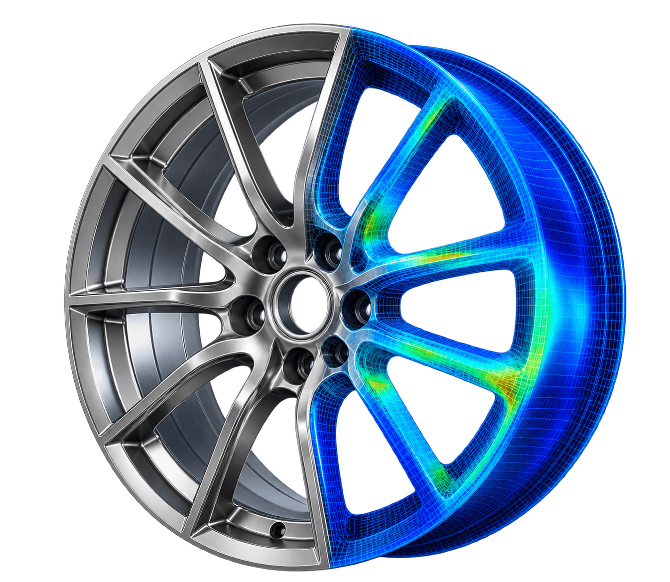 Custom forged wheel with metallic spokes and finite-element stress field